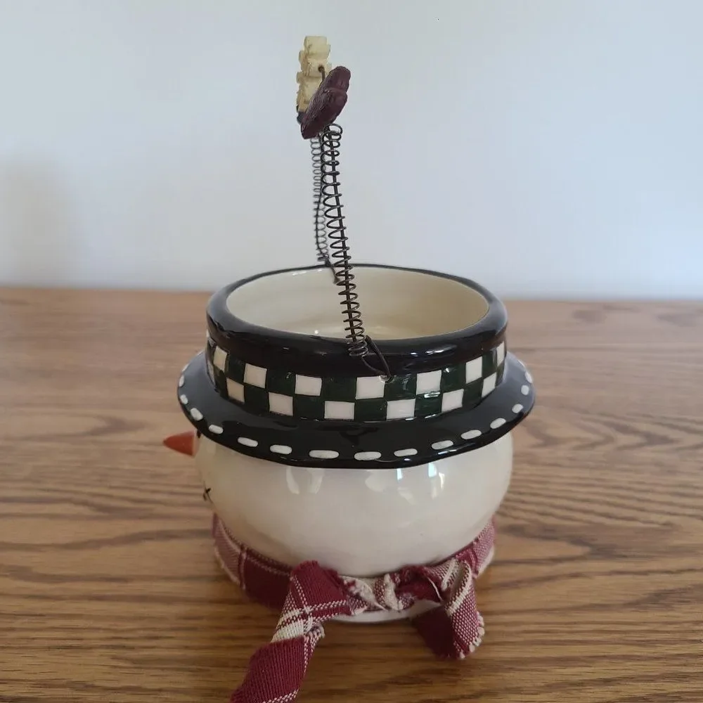 Vintage Wood-Look Snowman Figurine & Ceramic Snowman Bucket Pail Snowman Lot